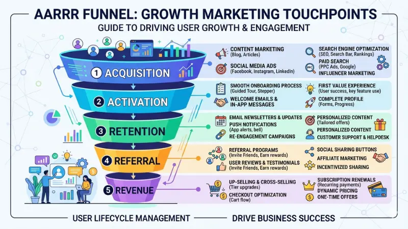 AARRR funnel diagram (Acquisition, Activation, Retention, Referral, Revenue)