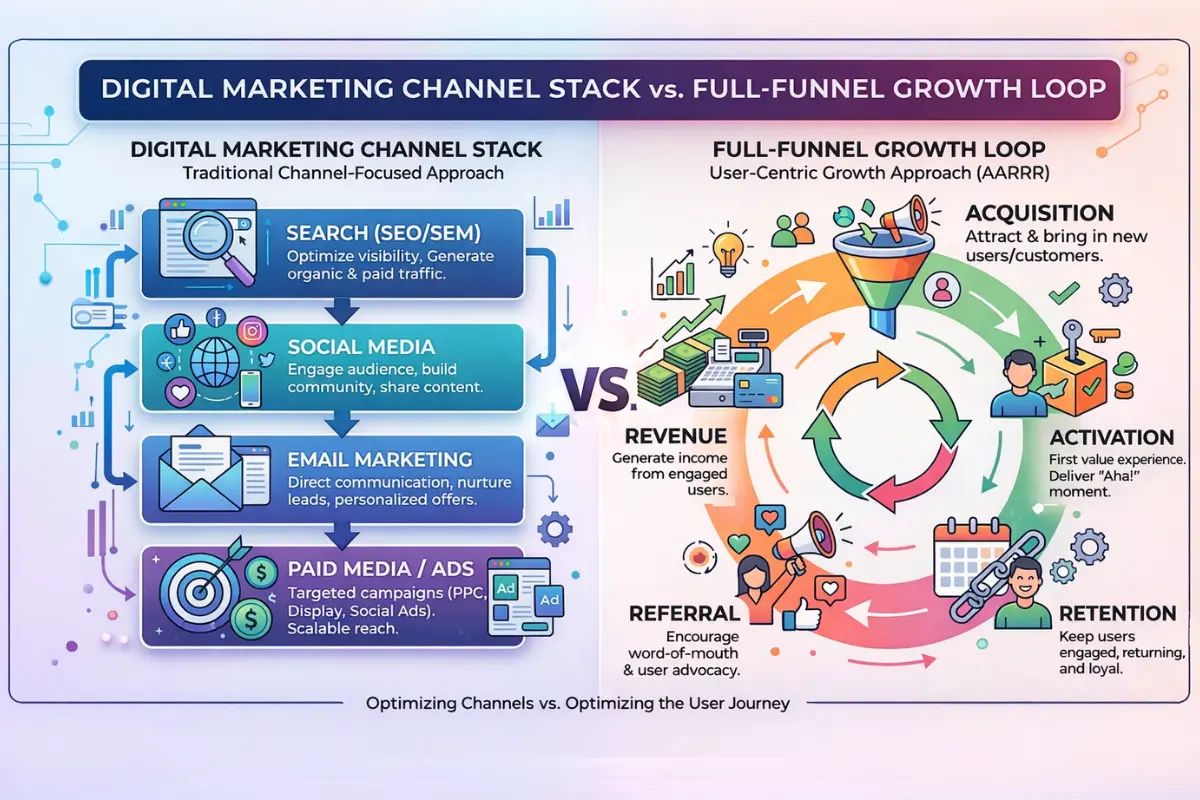 Growth marketing vs digital marketing comparison showing full-funnel optimization vs channel reach