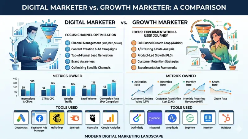 Side-by-side comparison table showing digital marketer vs. growth marketer responsibilities, metrics owned, and tools used