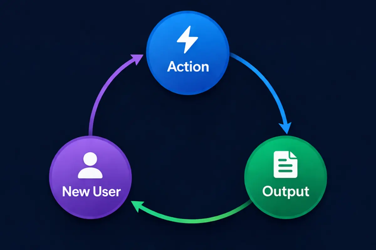 Growth loop diagram showing the cycle of action, output, and new user acquisition