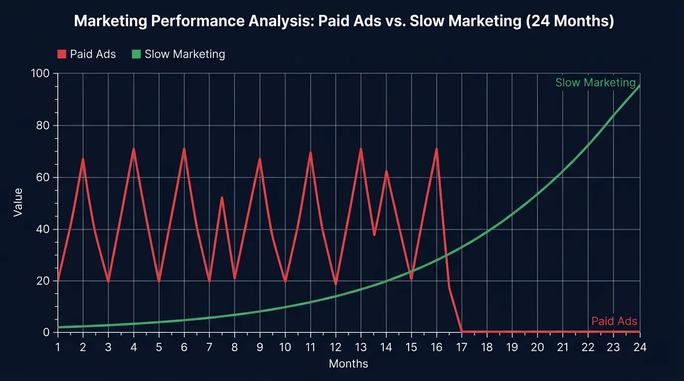 Slow marketing vs. paid ads asset value over 24 months